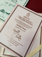 KLB890 Raja Rani Design Creme Color Premium 3D Gold Foil Hardboard Padding Thick Wedding Card (2 Page & Couple Name Wooden Plate)