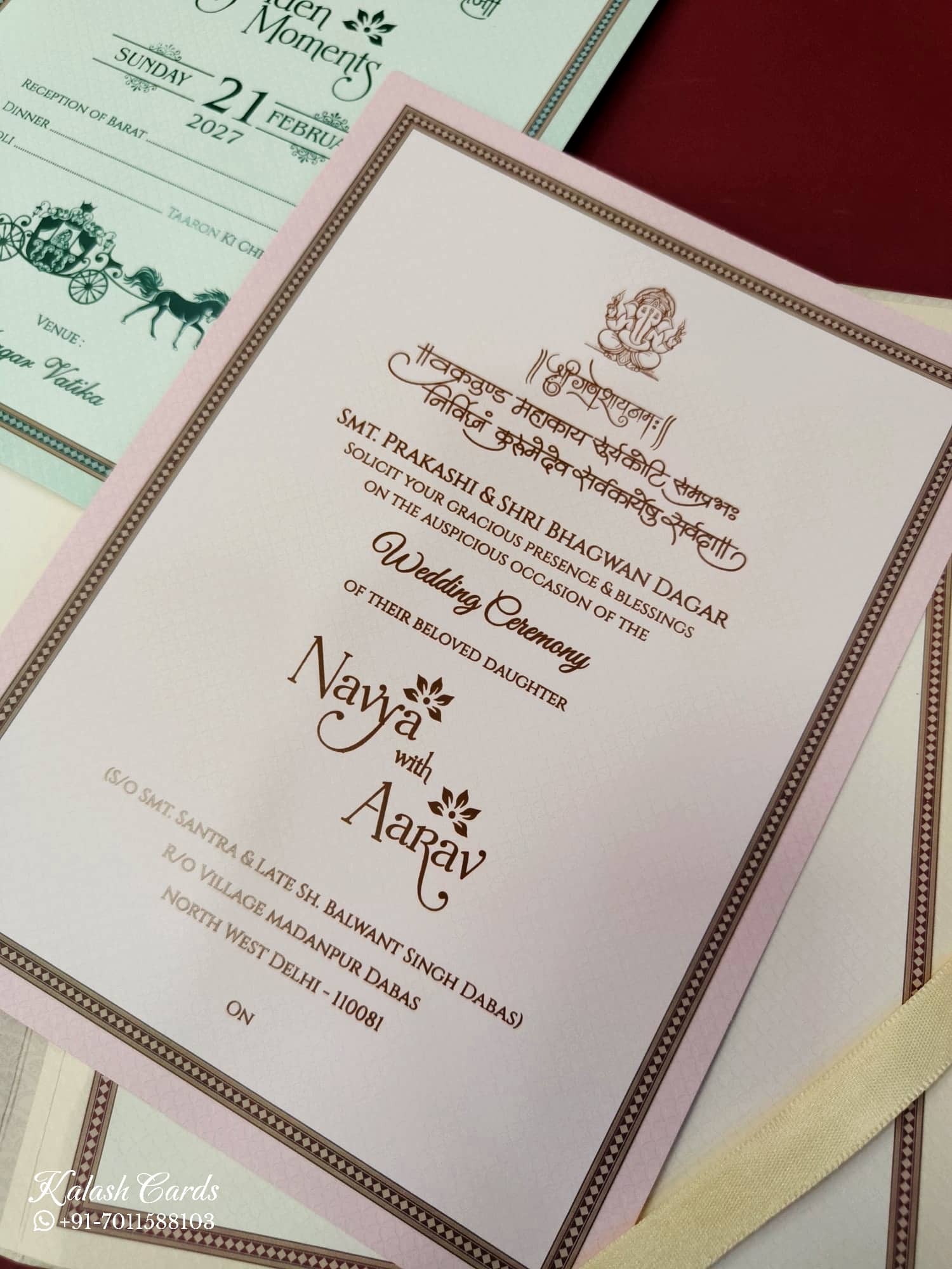 KLB890 Raja Rani Design Creme Color Premium 3D Gold Foil Hardboard Padding Thick Wedding Card (2 Page & Couple Name Wooden Plate)