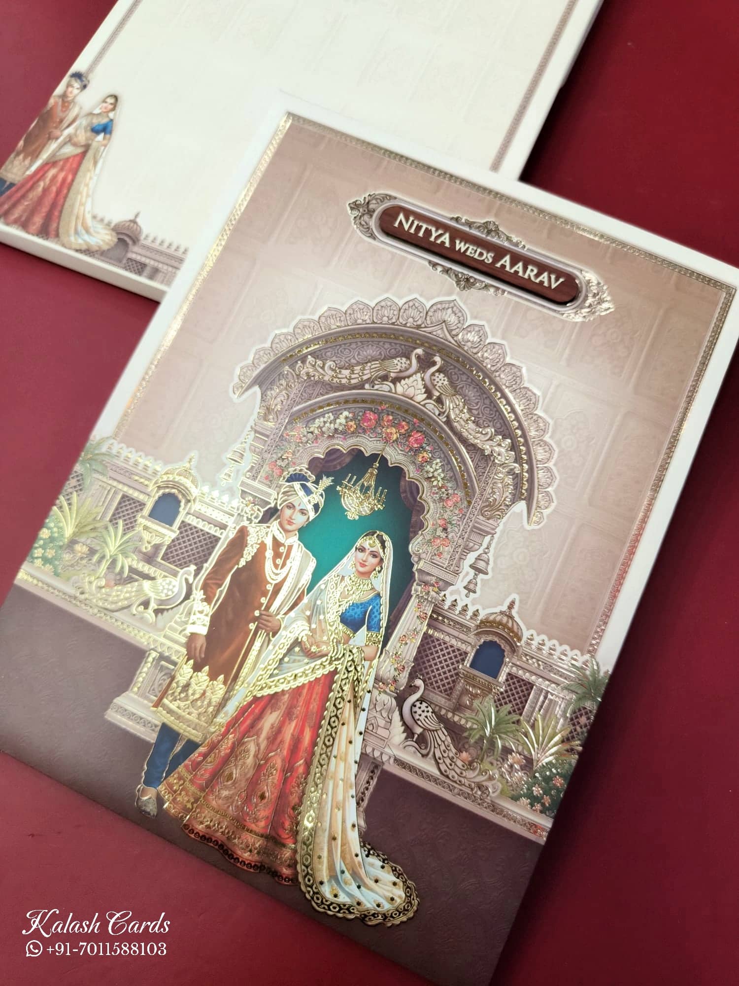 KLB891 Dulha Dulhan Design Creme Brown Color Premium 3D Gold Foil Hardboard Padding Thick Wedding Card (2 Page & Couple Name Wooden Plate)