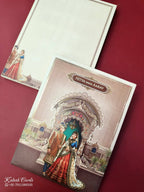 KLB891 Dulha Dulhan Design Creme Brown Color Premium 3D Gold Foil Hardboard Padding Thick Wedding Card (2 Page & Couple Name Wooden Plate)