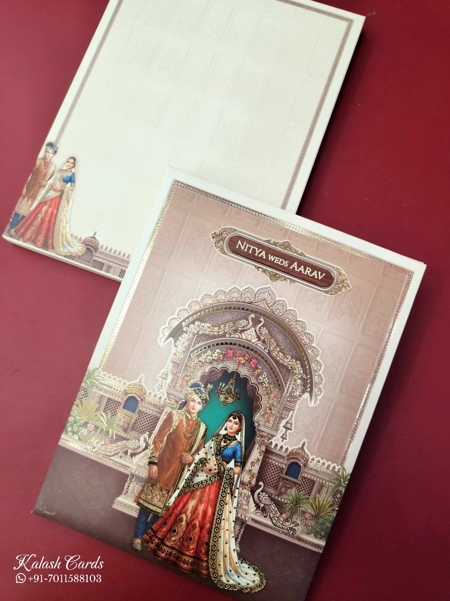 KLB891 Dulha Dulhan Design Creme Brown Color Premium 3D Gold Foil Hardboard Padding Thick Wedding Card (2 Page & Couple Name Wooden Plate)