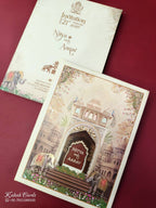KLB892 Royal Fort Elephant Design Brown Color Hardboard Padding Thick Wedding Card (2 Page & Couple Name Wooden Plate)