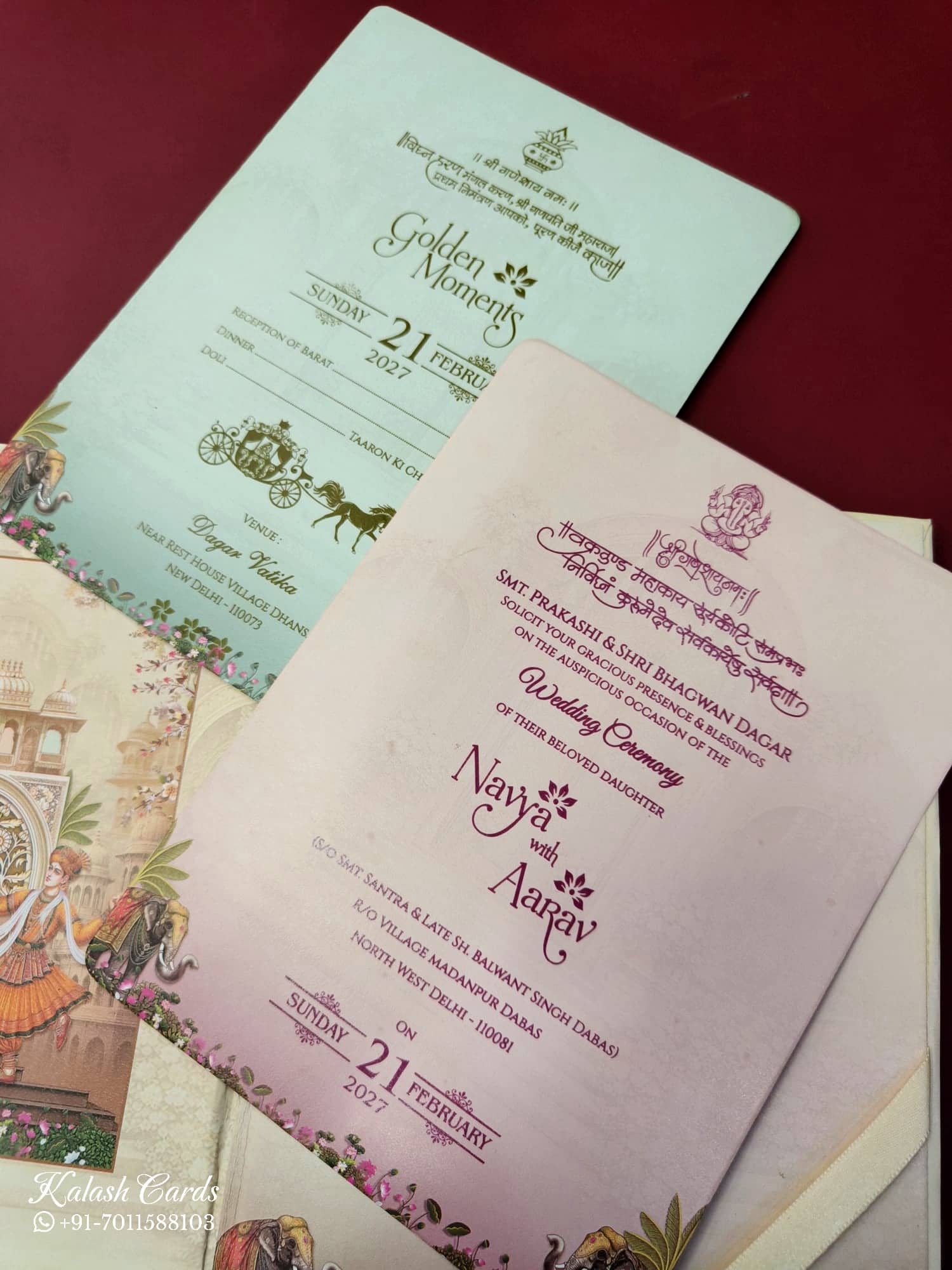 KLB892 Royal Fort Elephant Design Brown Color Hardboard Padding Thick Wedding Card (2 Page & Couple Name Wooden Plate)