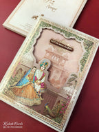 KLB893 Raja Rani Royal Fort Design Creme Orange Color Laser Cut Hardboard Padding Thick Wedding Card (2 Page & Couple Name Wooden Plate)