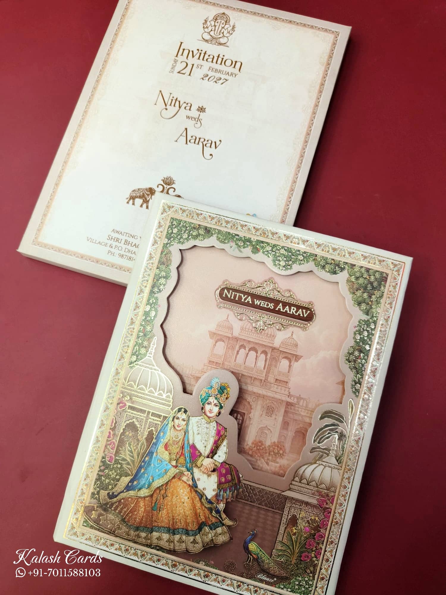 KLB893 Raja Rani Royal Fort Design Creme Orange Color Laser Cut Hardboard Padding Thick Wedding Card (2 Page & Couple Name Wooden Plate)