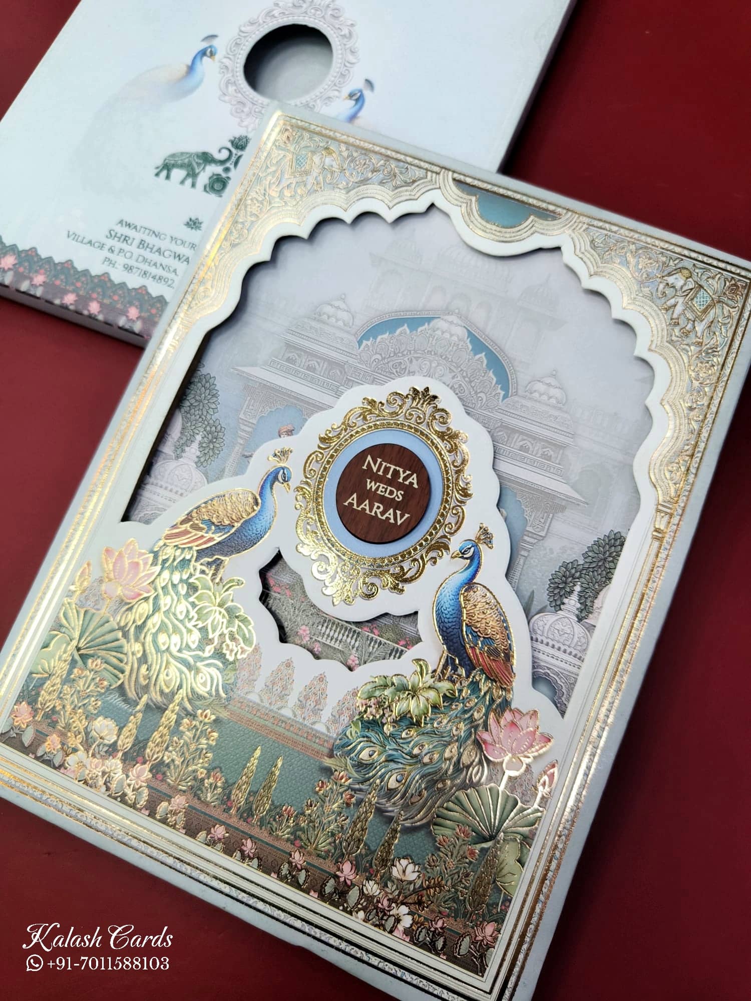 KLB894 Peacock Design Blue Color Laser Cut Hardboard Padding Thick Wedding Card (2 Page & Couple Name Wooden Plate)