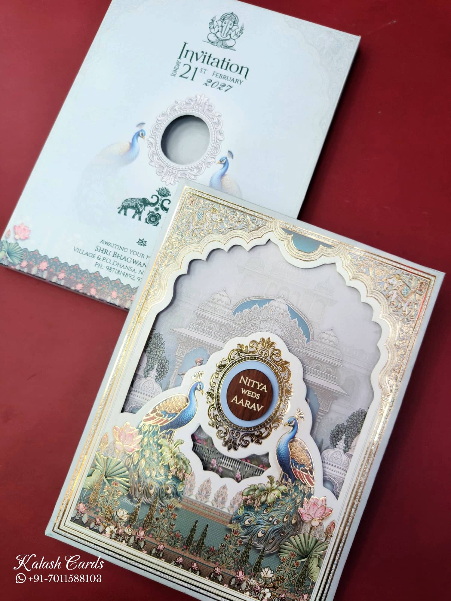 KLB894 Peacock Design Blue Color Laser Cut Hardboard Padding Thick Wedding Card (2 Page & Couple Name Wooden Plate)