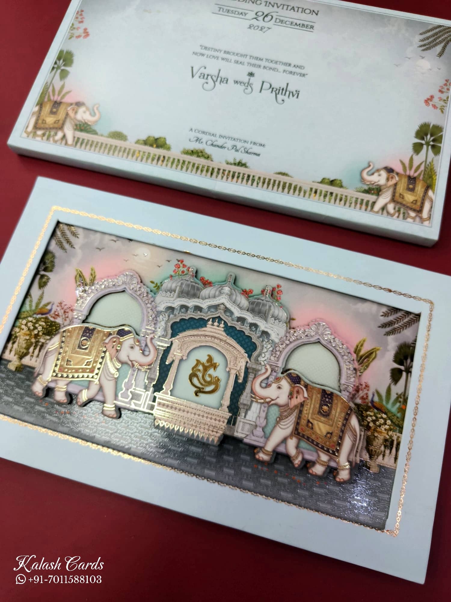 KLB895 Royal Fort Elephant Design Blue Color Laser Cut Premium 3D Gold Foil Hardboard Padding Thick Wedding Card (2 Page)