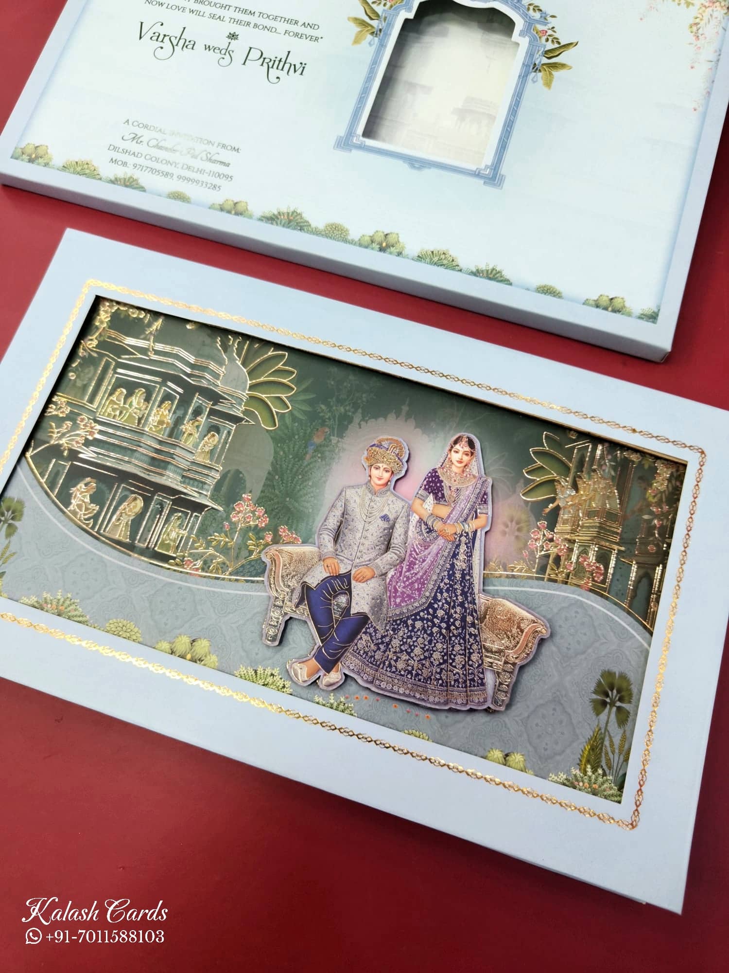 KLB896 Dulha Dulhan Design Blue Color Laser Cut Premium 3D Gold Foil Hardboard Padding Thick Wedding Card (2 Page)