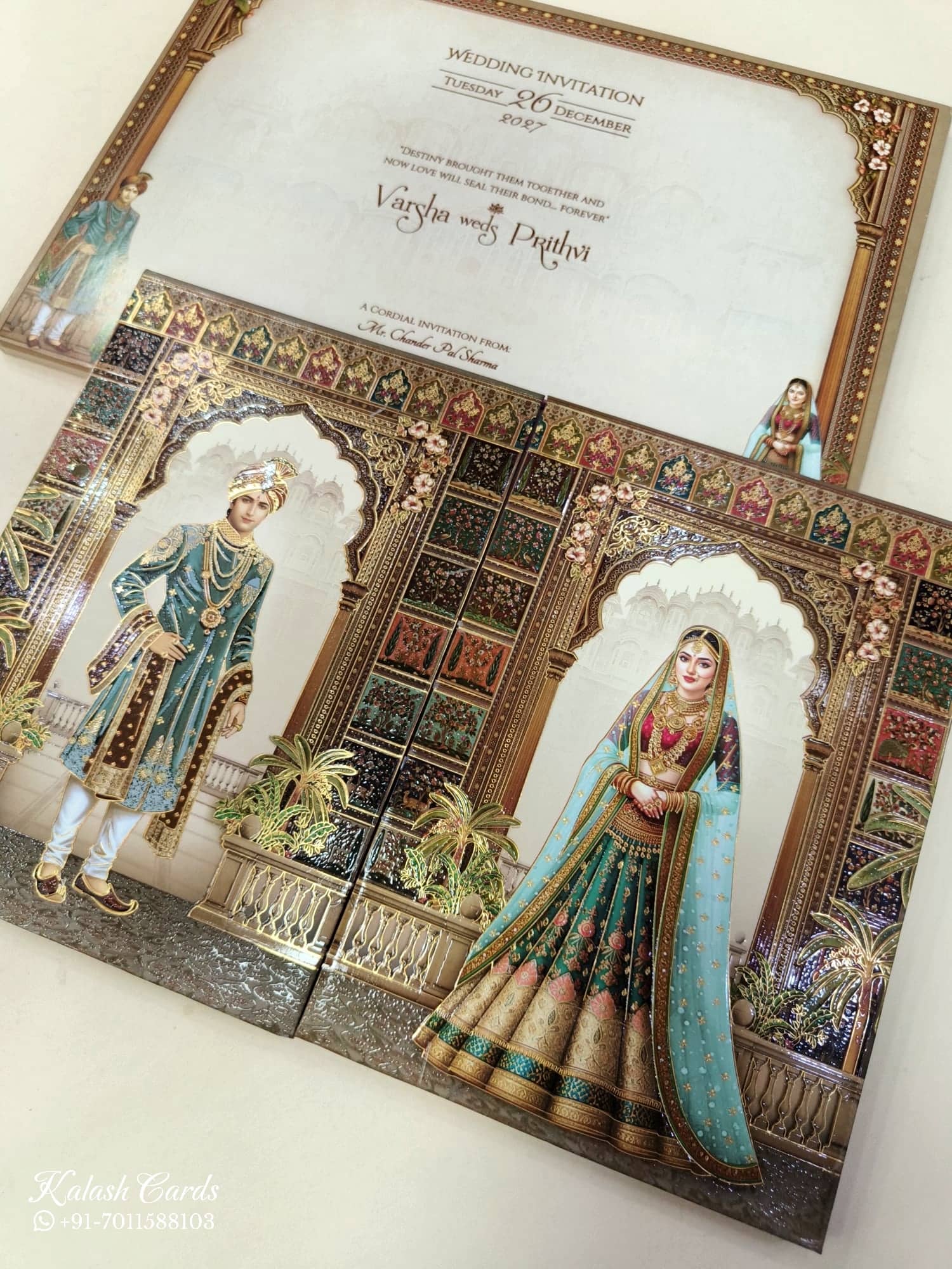 KLB897 Dulha Dulhan Design Brown Color Double Door Style Hardboard Padding Thick Wedding Card (2 Page)