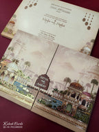 KLB898 Royal Fort Design Peach Color Premium 3D Gold Foil Double Door Style Hardboard Padding Thick Wedding Card (2 Page & Couple Name Wooden Plate)