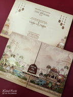 KLB898 Royal Fort Design Peach Color Premium 3D Gold Foil Double Door Style Hardboard Padding Thick Wedding Card (2 Page & Couple Name Wooden Plate)