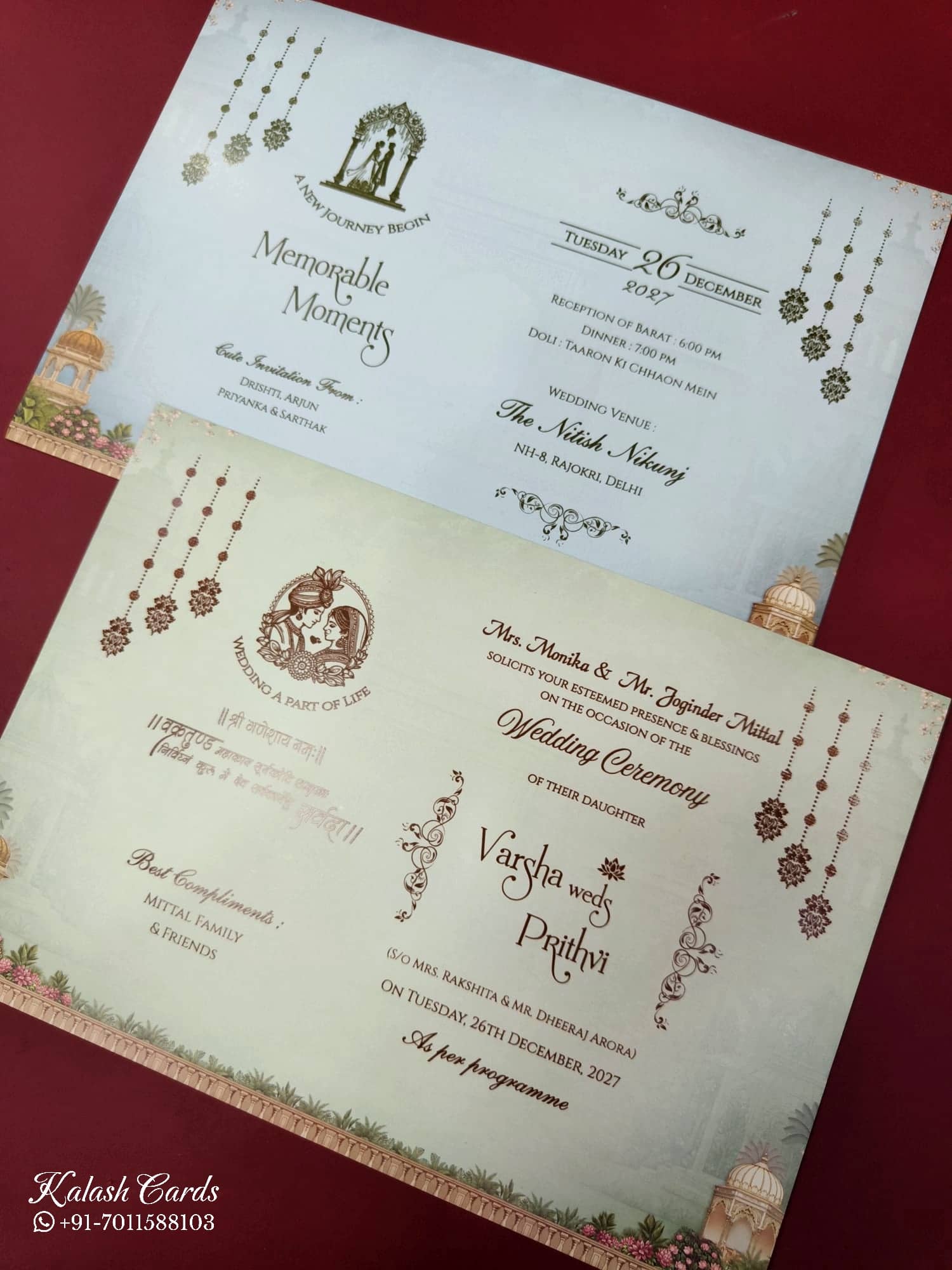 KLB898 Royal Fort Design Peach Color Premium 3D Gold Foil Double Door Style Hardboard Padding Thick Wedding Card (2 Page & Couple Name Wooden Plate)
