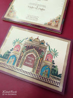 KLB900 Royal Fort Design Creme Maroon Color Premium 3D Gold Foil Hardboard Padding Thick Wedding Card (2 Page & Couple Name Wooden Plate)