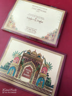 KLB900 Royal Fort Design Creme Maroon Color Premium 3D Gold Foil Hardboard Padding Thick Wedding Card (2 Page & Couple Name Wooden Plate)