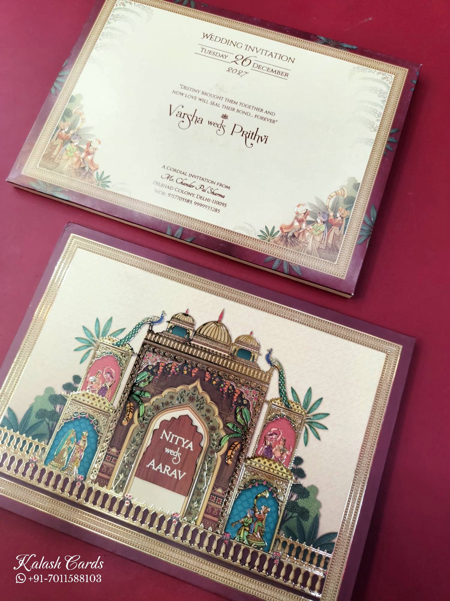 KLB900 Royal Fort Design Creme Maroon Color Premium 3D Gold Foil Hardboard Padding Thick Wedding Card (2 Page & Couple Name Wooden Plate)