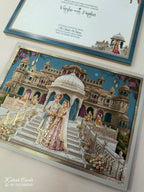 KLB901 Raja Rani Royal Fort Design Blue Color Premium 3D Gold Foil Hardboard Padding Thick Wedding Card (2 Page)