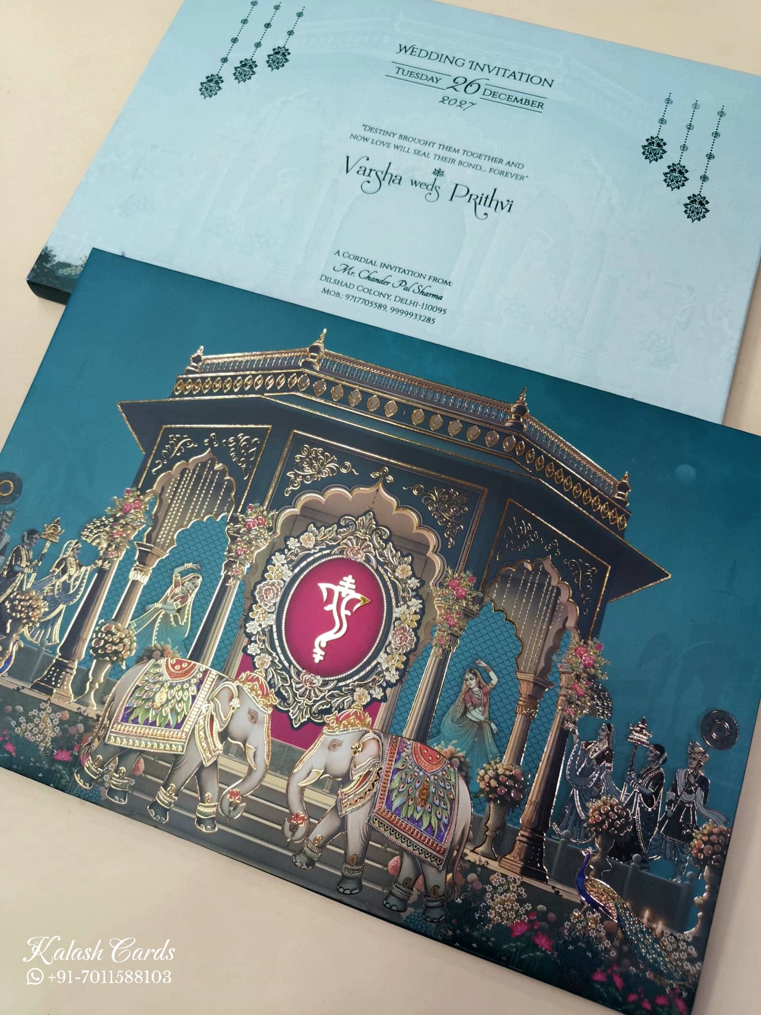 KLB902 Mandap Elephant Traditional Design Blue Color Premium 3D Gold Foil Hardboard Padding Thick Wedding Card (2 Page)