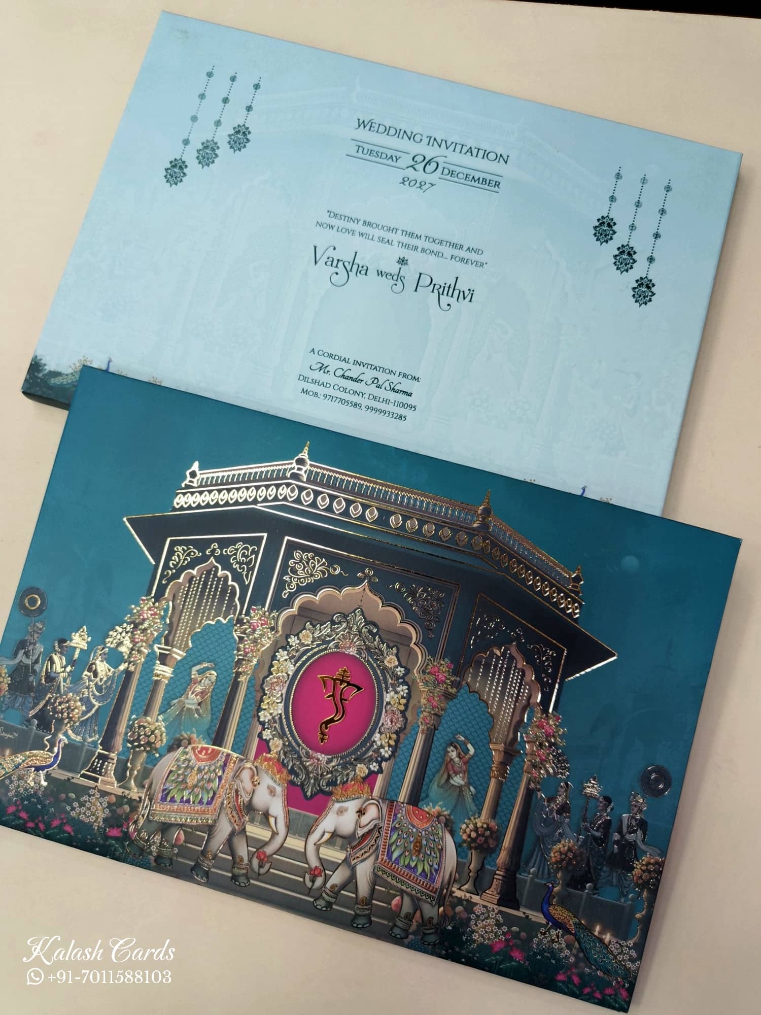 KLB902 Mandap Elephant Traditional Design Blue Color Premium 3D Gold Foil Hardboard Padding Thick Wedding Card (2 Page)
