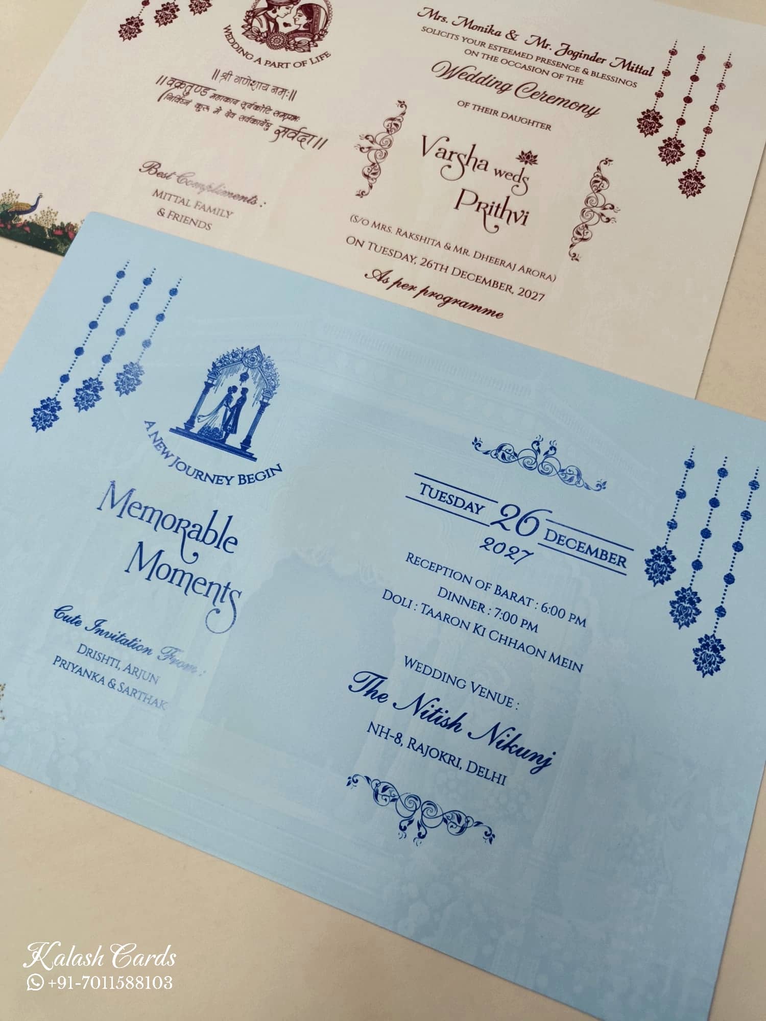 KLB902 Mandap Elephant Traditional Design Blue Color Premium 3D Gold Foil Hardboard Padding Thick Wedding Card (2 Page)