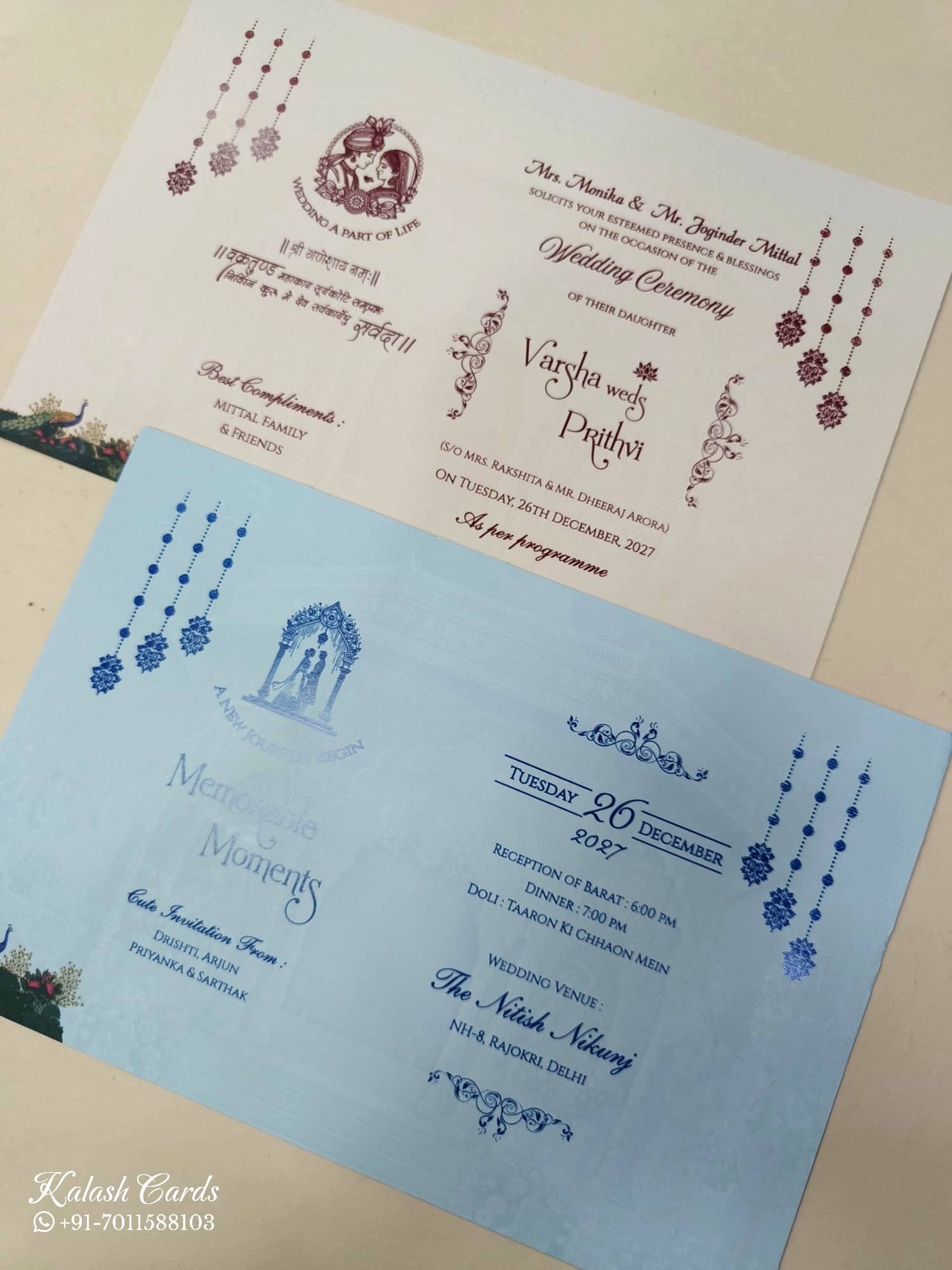 KLB902 Mandap Elephant Traditional Design Blue Color Premium 3D Gold Foil Hardboard Padding Thick Wedding Card (2 Page)