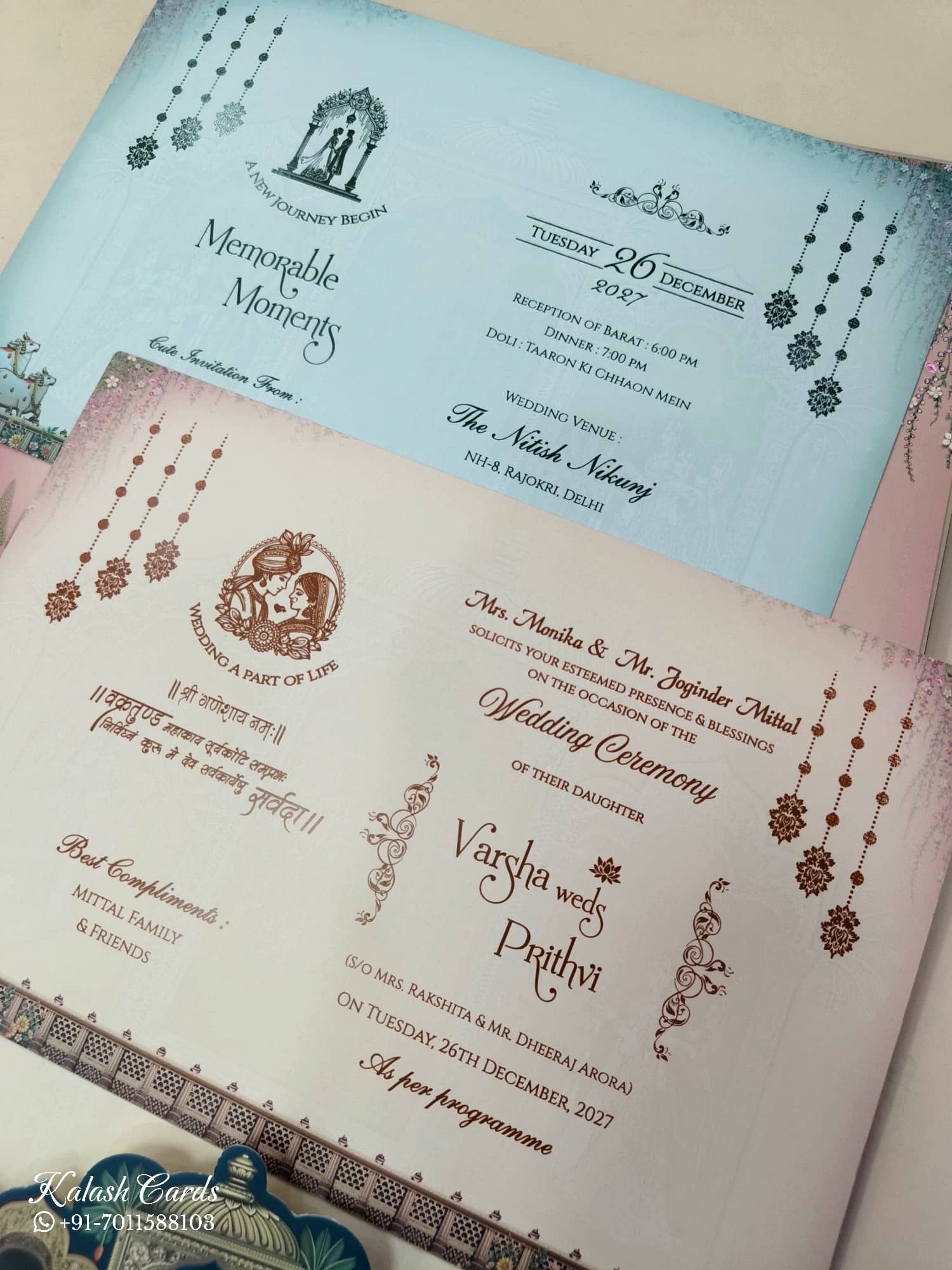 KLB903 Raja Rani Design Maroon Color Premium 3D Gold Foil Hardboard Padding Thick Wedding Card (2 Page & Couple Name Acrylic)