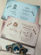 KLB903 Raja Rani Design Maroon Color Premium 3D Gold Foil Hardboard Padding Thick Wedding Card (2 Page & Couple Name Acrylic)