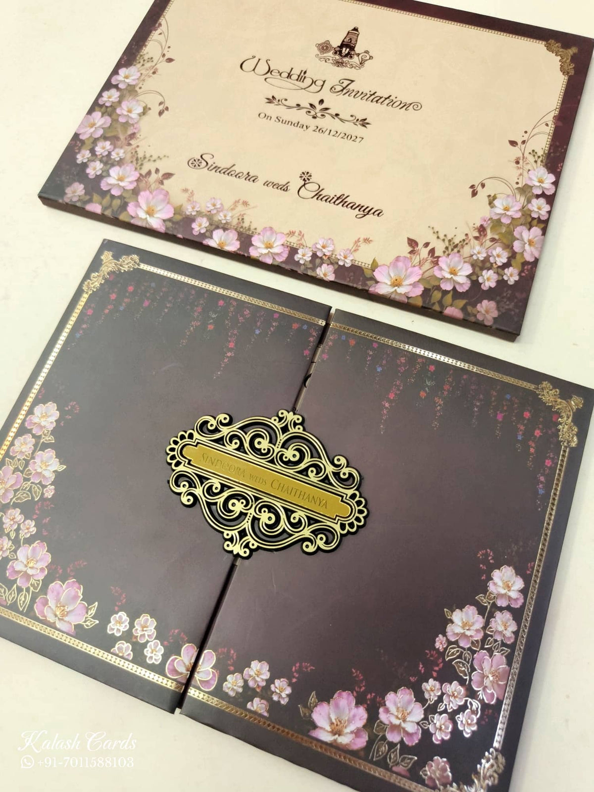 KLB904 Maroon Purple Floral Door Style Padded Thick Wedding Card (2 Page & Couple Name Acrylic)