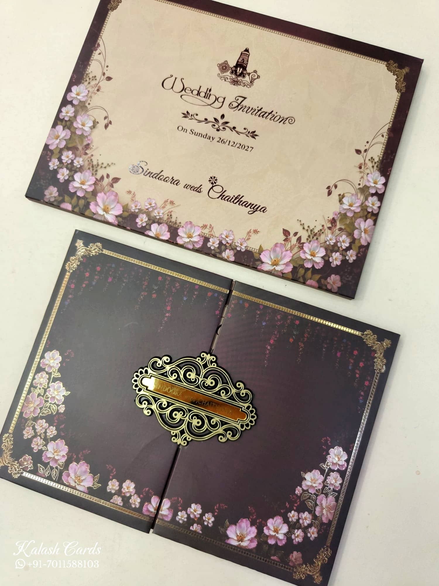 KLB904 Maroon Purple Floral Door Style Padded Thick Wedding Card (2 Page & Couple Name Acrylic)