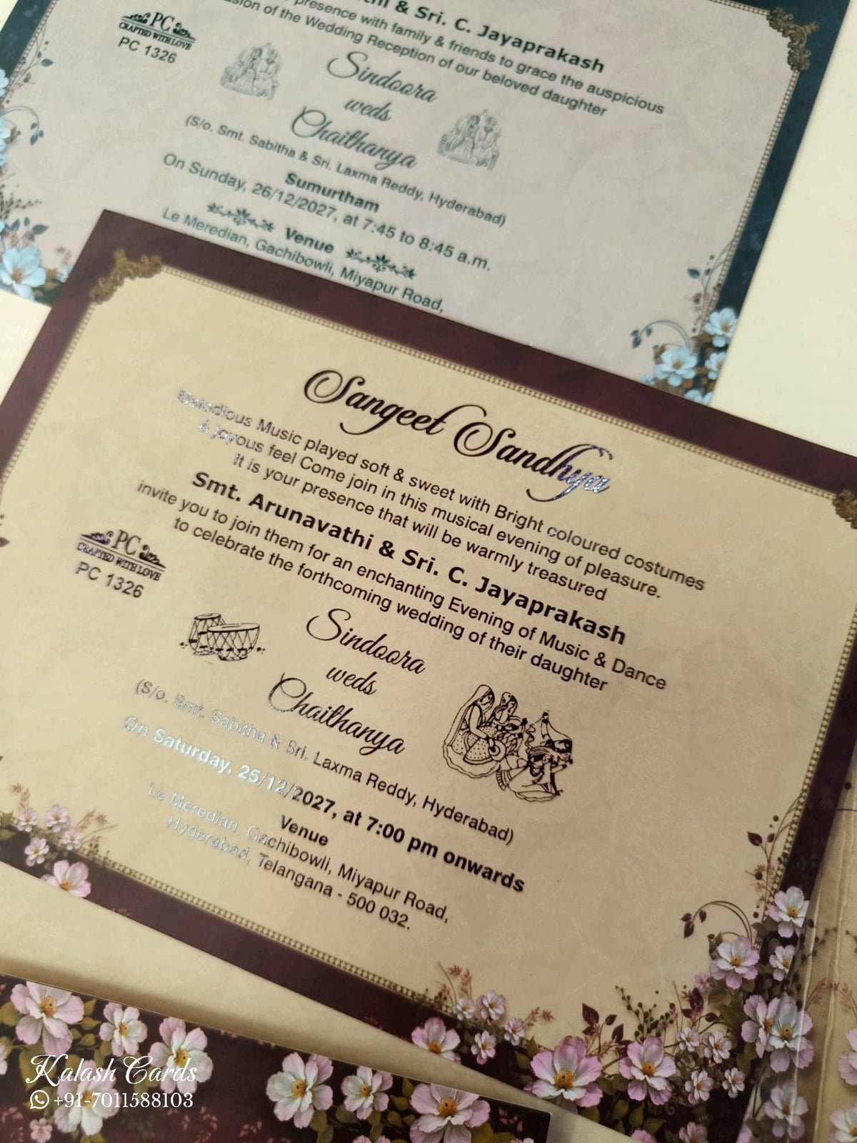KLB904 Maroon Purple Floral Door Style Padded Thick Wedding Card (2 Page & Couple Name Acrylic)