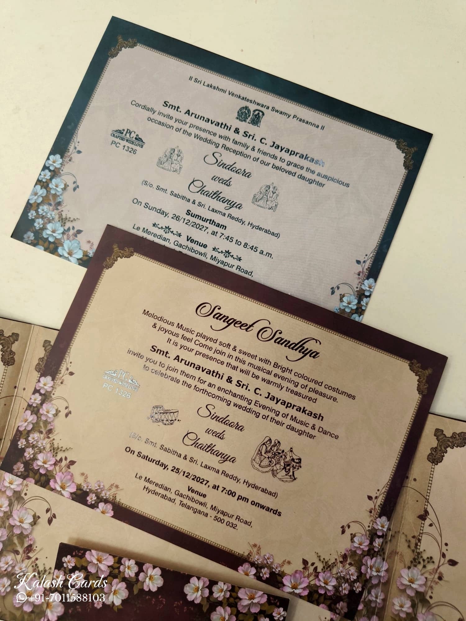 KLB904 Maroon Purple Floral Door Style Padded Thick Wedding Card (2 Page & Couple Name Acrylic)