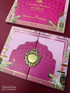 KLB905 Pink Royal Fort Peacock Door Style Padded Thick Wedding Card (2 Page & Couple Name Acrylic)
