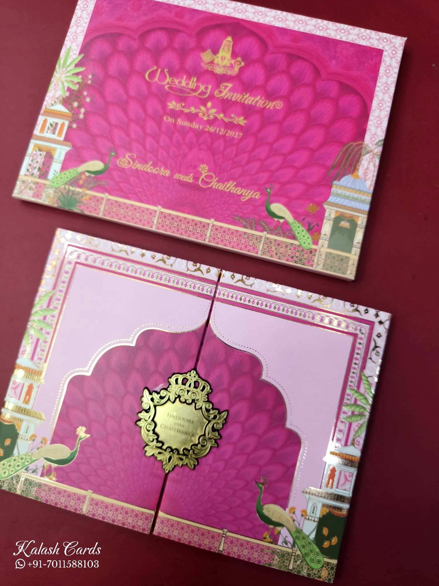 KLB905 Pink Royal Fort Peacock Door Style Padded Thick Wedding Card (2 Page & Couple Name Acrylic)