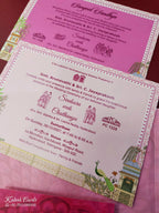 KLB905 Pink Royal Fort Peacock Door Style Padded Thick Wedding Card (2 Page & Couple Name Acrylic)