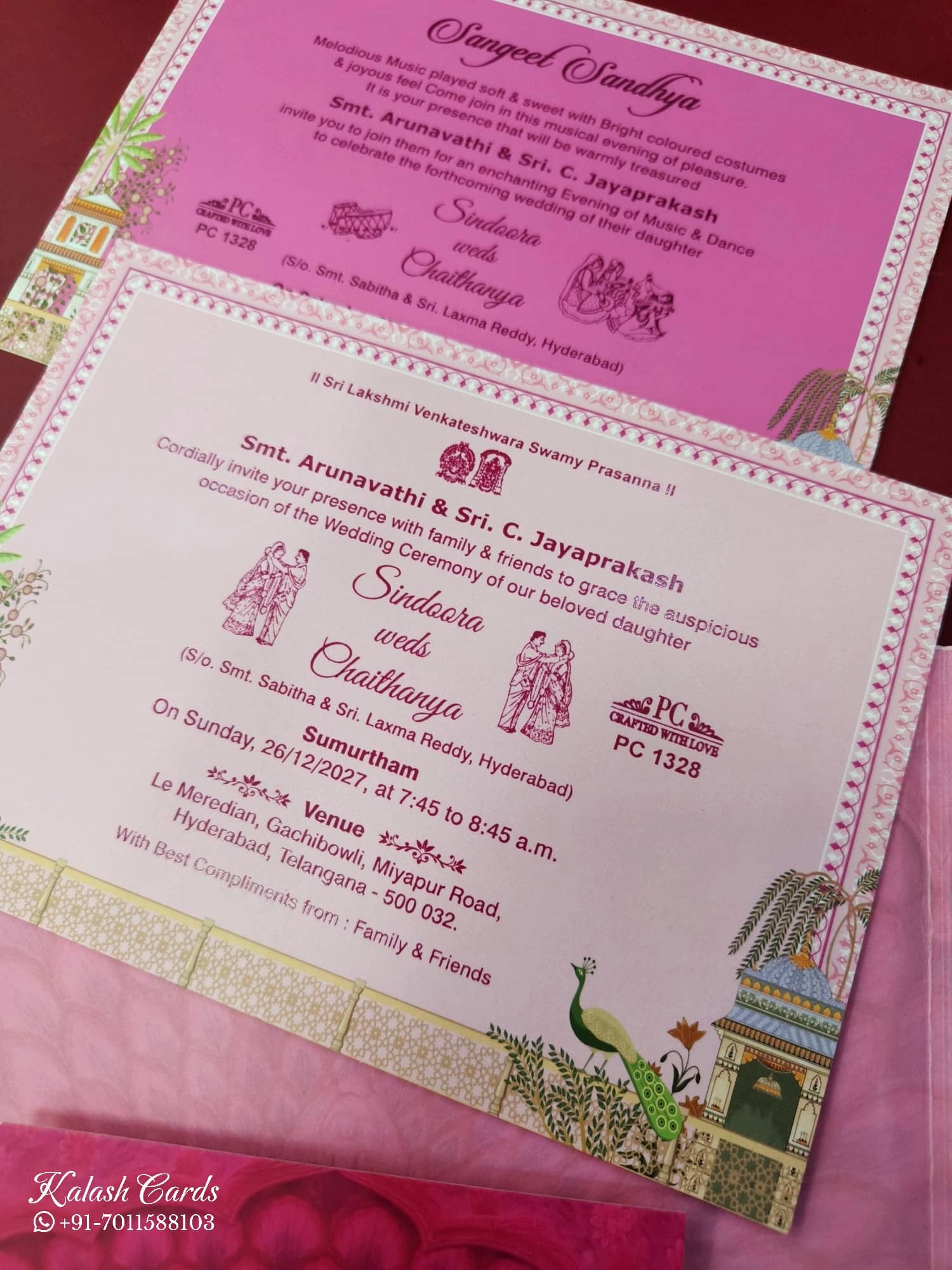 KLB905 Pink Royal Fort Peacock Door Style Padded Thick Wedding Card (2 Page & Couple Name Acrylic)