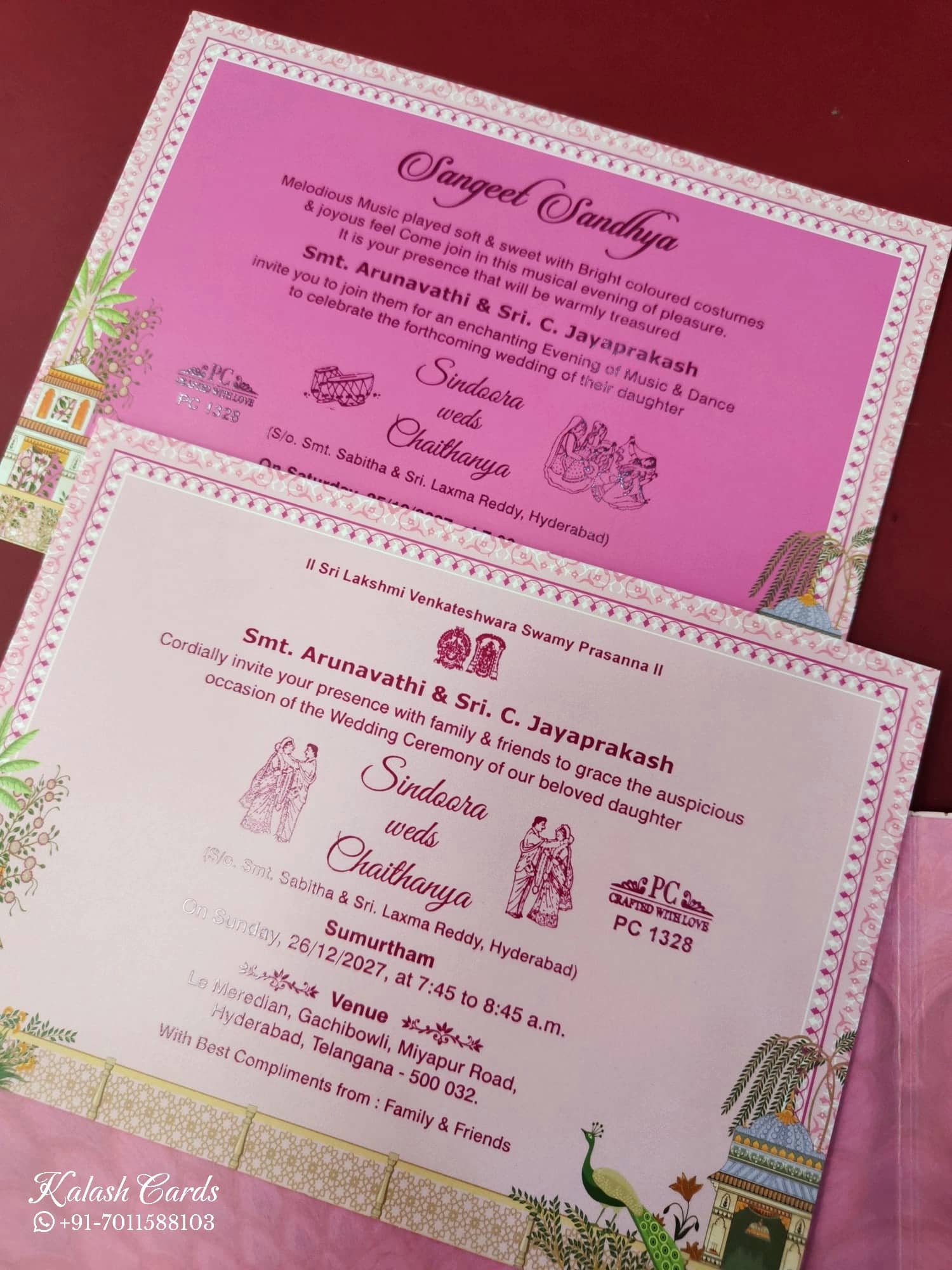 KLB905 Pink Royal Fort Peacock Door Style Padded Thick Wedding Card (2 Page & Couple Name Acrylic)