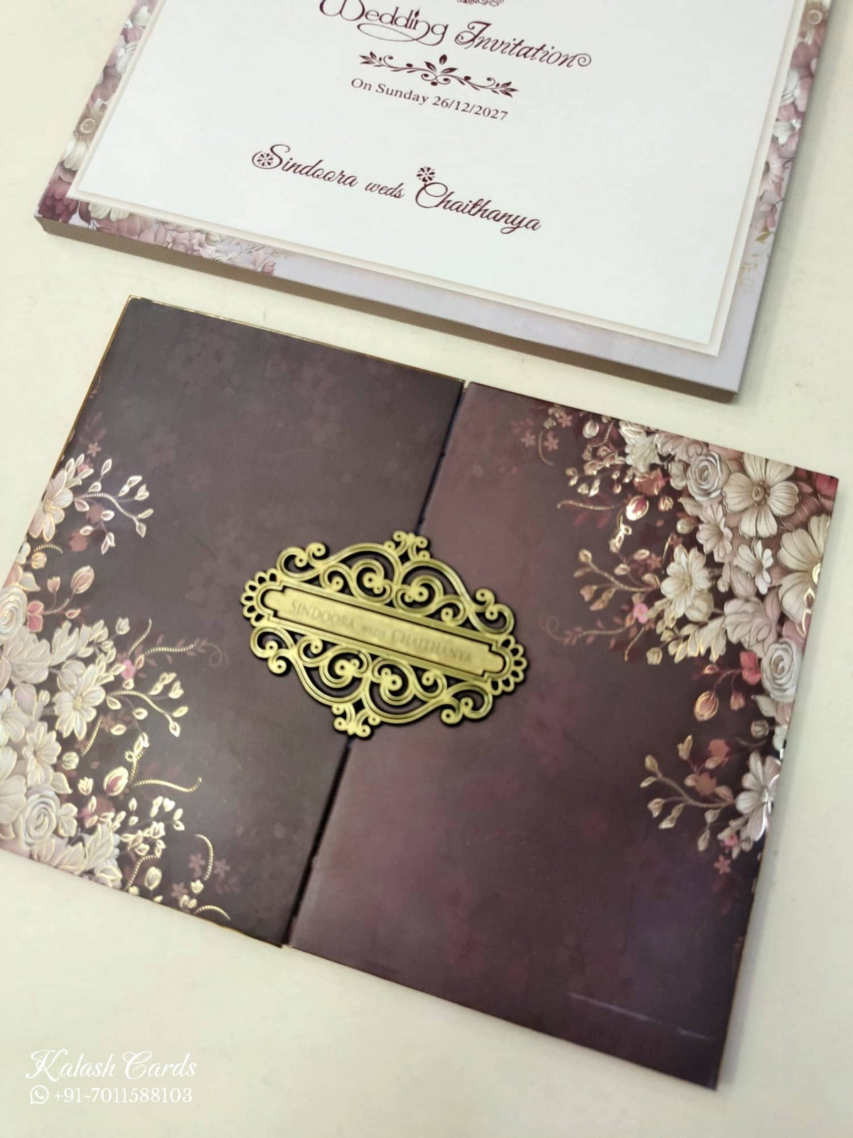 KLB906 Maroon Magenta Floral Door Style Padded Thick Wedding Card (2 Page & Couple Name Acrylic)