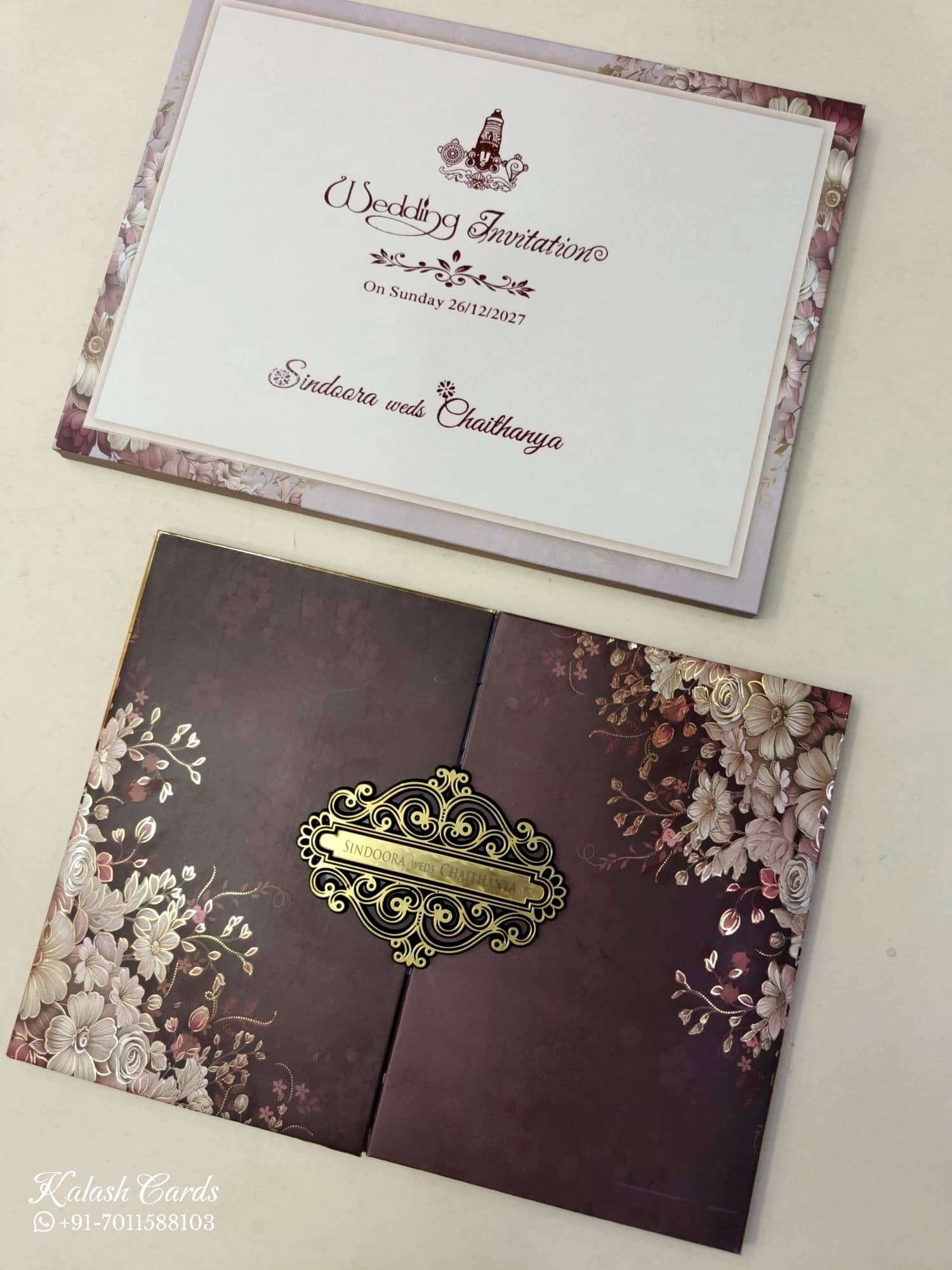KLB906 Maroon Magenta Floral Door Style Padded Thick Wedding Card (2 Page & Couple Name Acrylic)