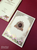 KLB907 Creme Lotus Floral Elephant Padded Thick Wedding Card (2 Page & Couple Initial Wooden Plate)