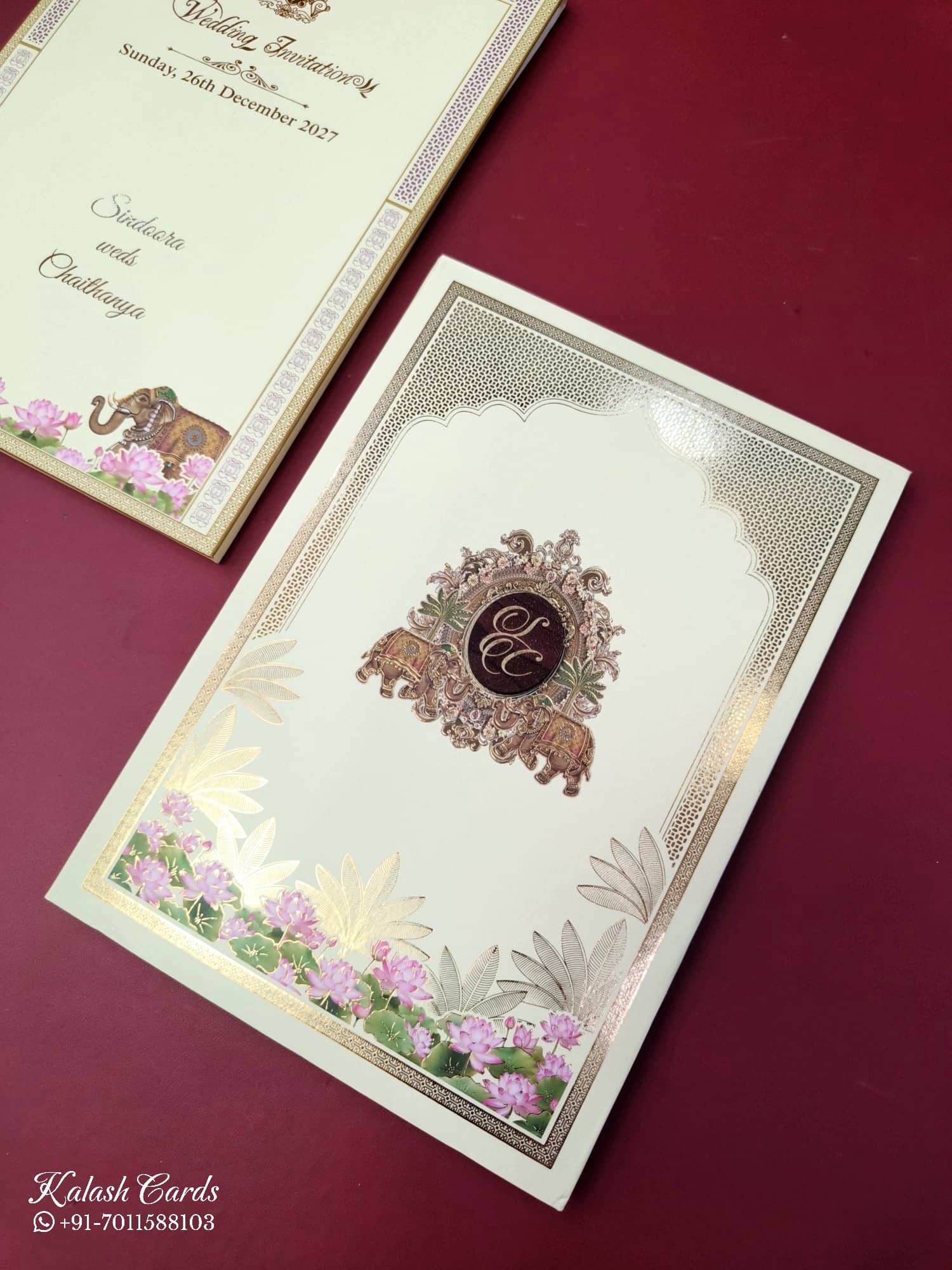 KLB907 Creme Lotus Floral Elephant Padded Thick Wedding Card (2 Page & Couple Initial Wooden Plate)