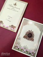 KLB907 Creme Lotus Floral Elephant Padded Thick Wedding Card (2 Page & Couple Initial Wooden Plate)