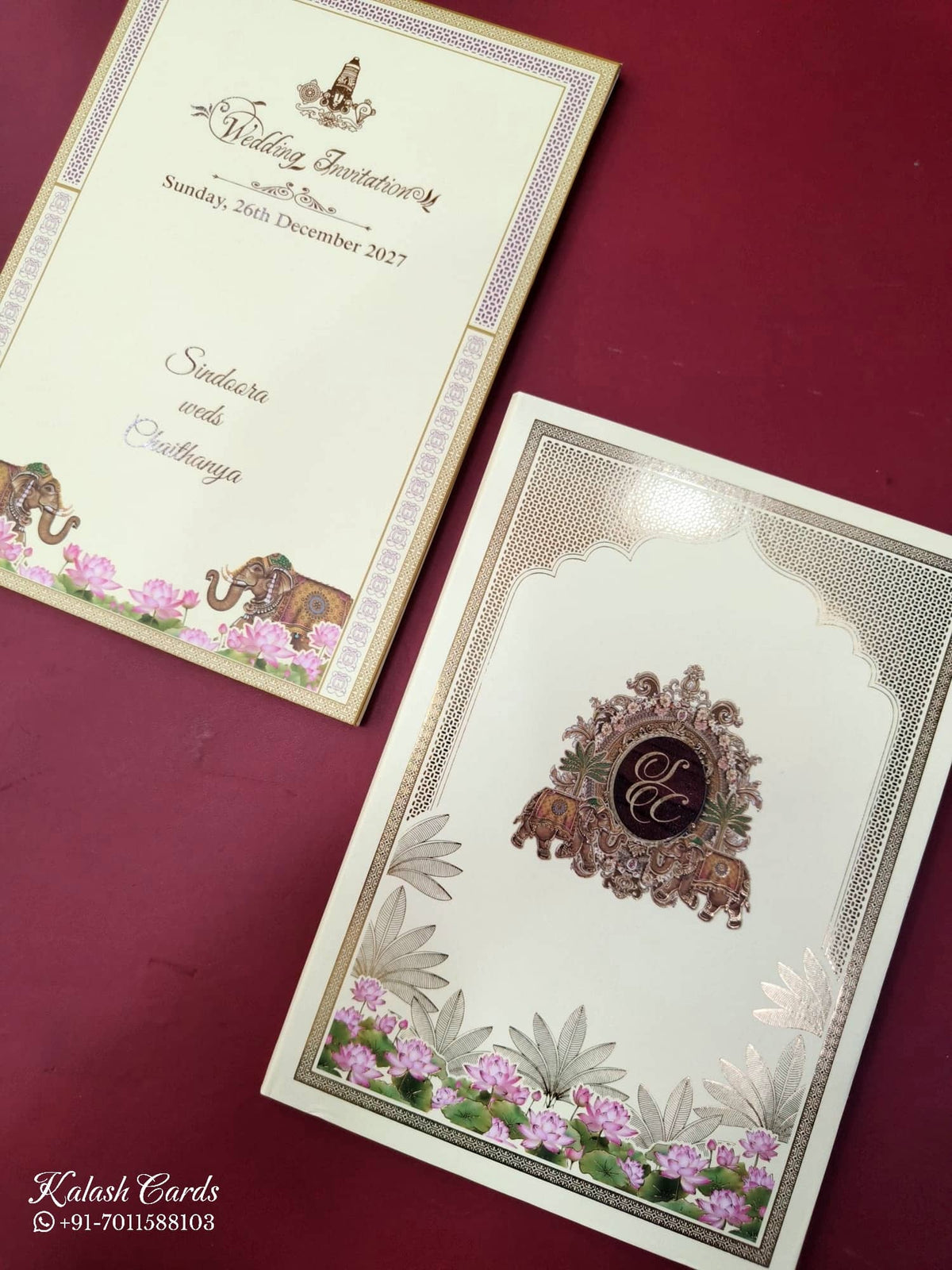 KLB907 Creme Lotus Floral Elephant Padded Thick Wedding Card (2 Page & Couple Initial Wooden Plate)