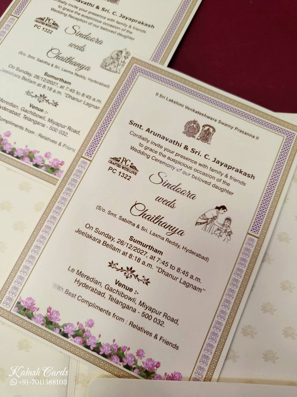 KLB907 Creme Lotus Floral Elephant Padded Thick Wedding Card (2 Page & Couple Initial Wooden Plate)