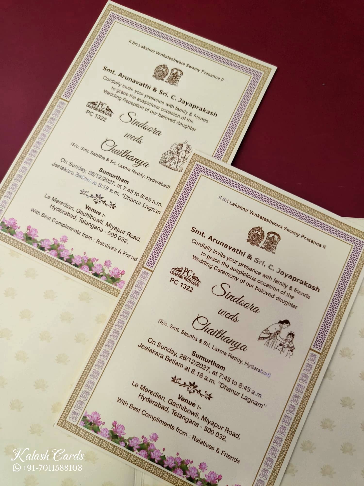 KLB907 Creme Lotus Floral Elephant Padded Thick Wedding Card (2 Page & Couple Initial Wooden Plate)