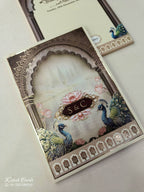 KLB908 Creme Brown Lotus Floral Peacock Padded Thick Wedding Card (2 Page & Couple Initial Wooden Plate)
