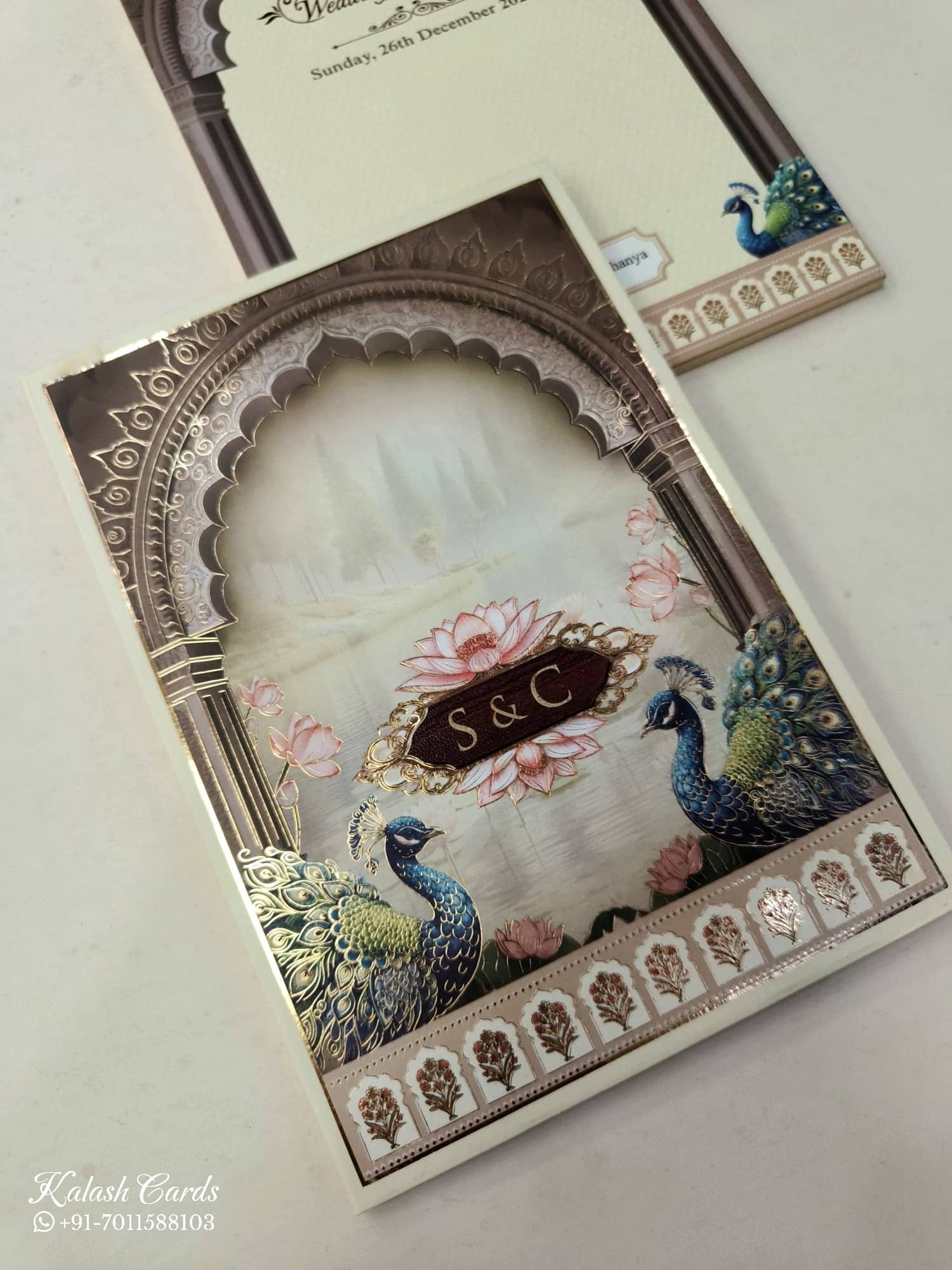 KLB908 Creme Brown Lotus Floral Peacock Padded Thick Wedding Card (2 Page & Couple Initial Wooden Plate)