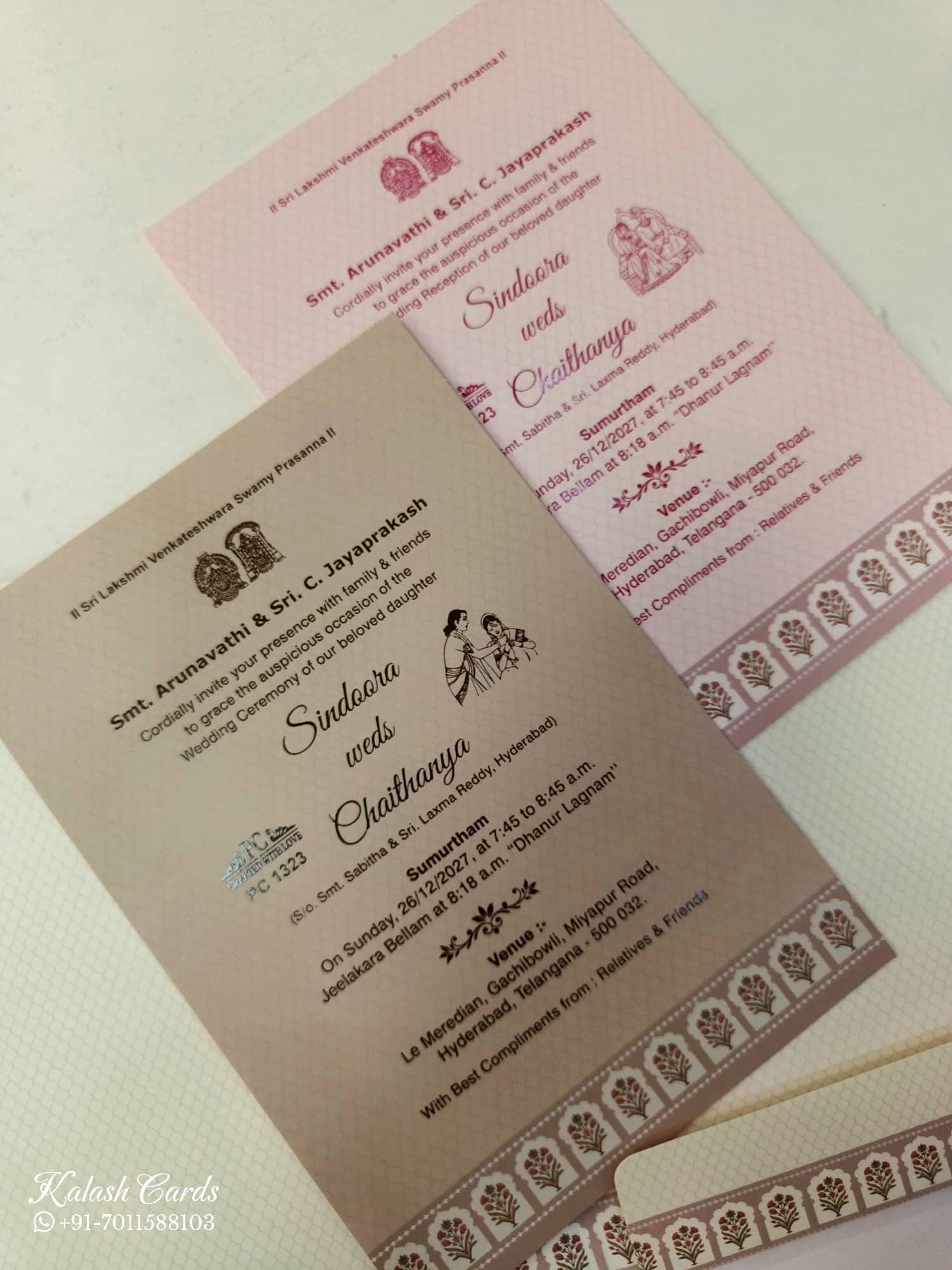 KLB908 Creme Brown Lotus Floral Peacock Padded Thick Wedding Card (2 Page & Couple Initial Wooden Plate)
