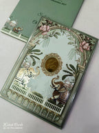 KLB910 Green Royal Fort Elephant Padded Thick Wedding Card (2 Page & Couple Initial Acrylic)