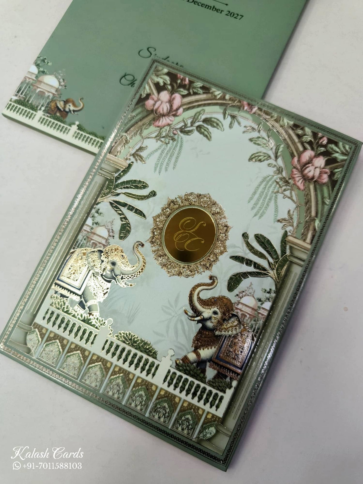 KLB910 Green Royal Fort Elephant Padded Thick Wedding Card (2 Page & Couple Initial Acrylic)