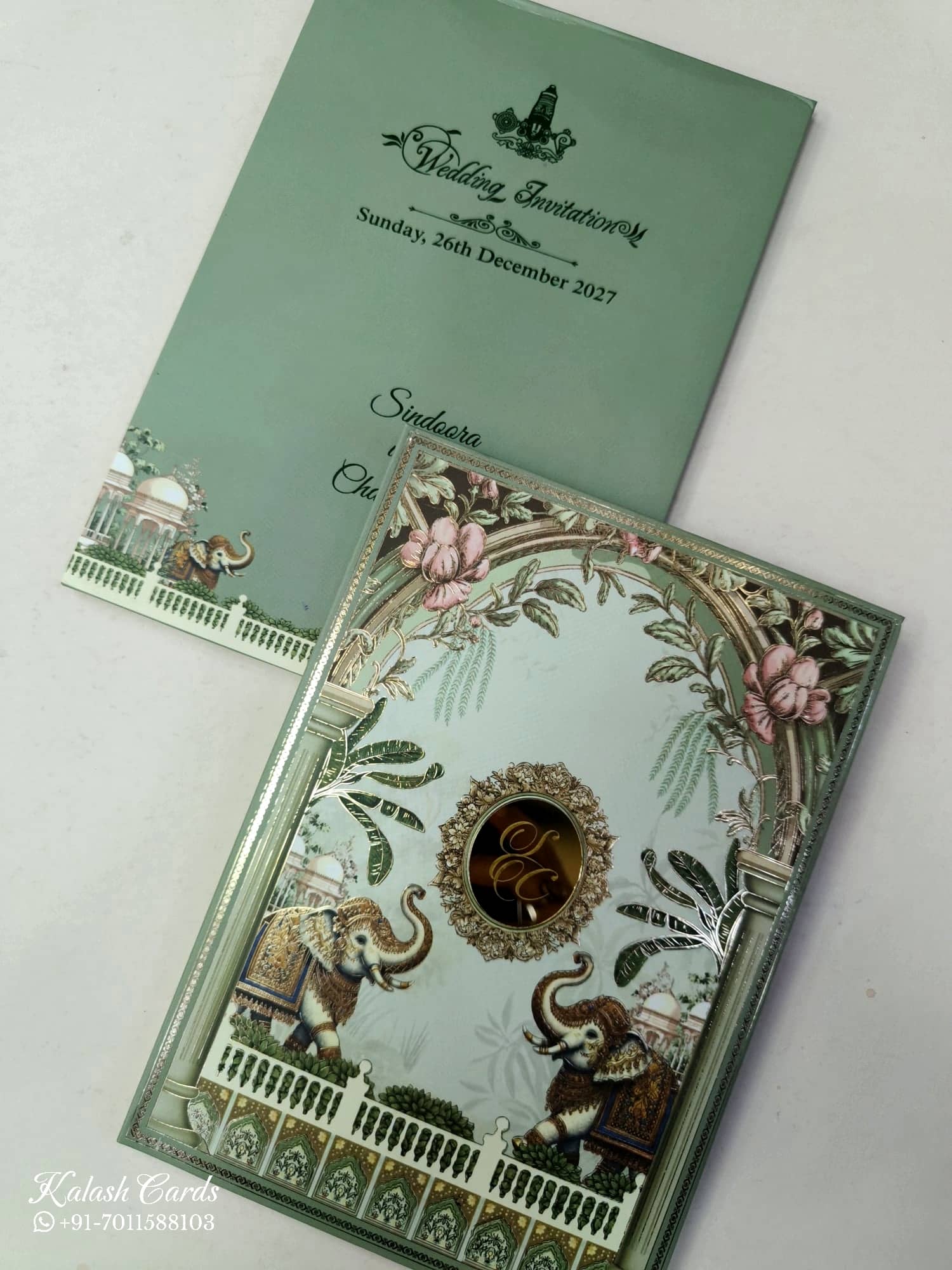 KLB910 Green Royal Fort Elephant Padded Thick Wedding Card (2 Page & Couple Initial Acrylic)